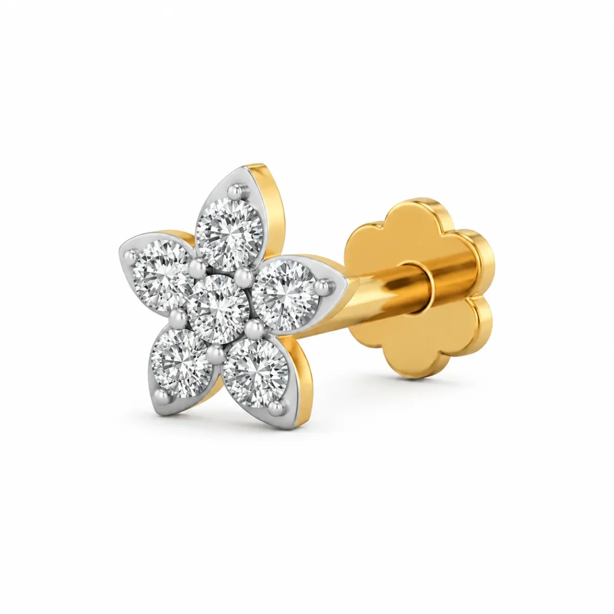 18K gold floral lab grown diamond nose pin with five petal design