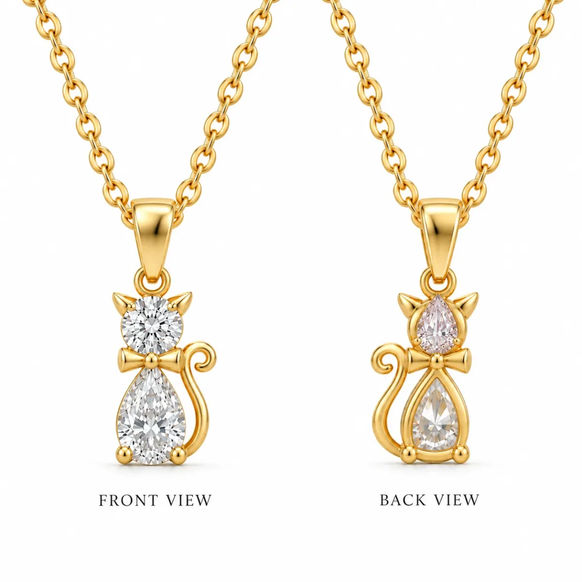 Adorable Cat Design Lab Grown Diamond Pendant with Pear & Round Diamonds in 18KGold for Women - Image 3