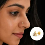 18K gold Aurelia floral lab grown diamond nose pin worn by a woman, close-up view