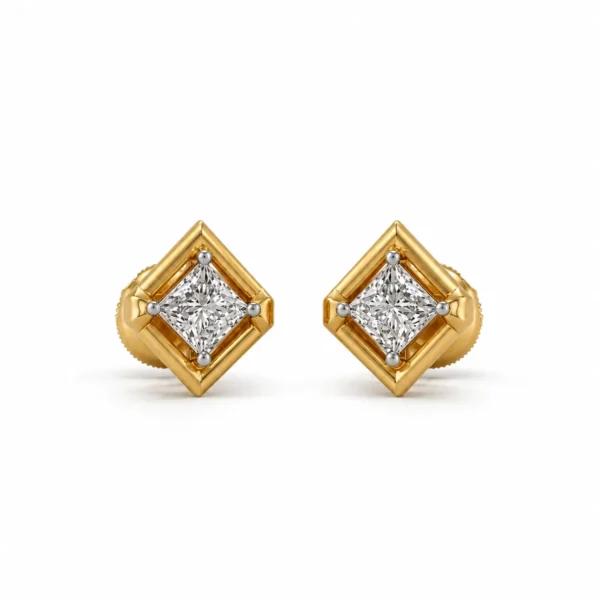Luxury geometric square lab grown diamond stud earrings for women in 14K yellow gold