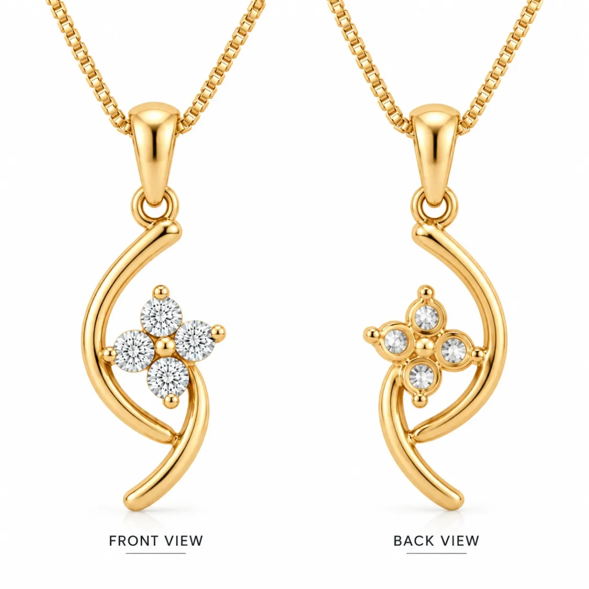 Elegant Curved Floral Diamond Pendant with Four Stone Flower Design in 18K Gold for Women - Image 3
