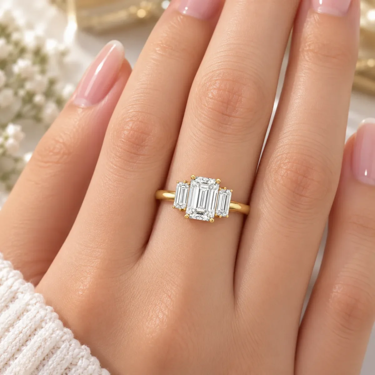 Emerald Cut Lab Grown Diamond Trilogy Ring – 18K Gold & Diamond Ring - Image 4