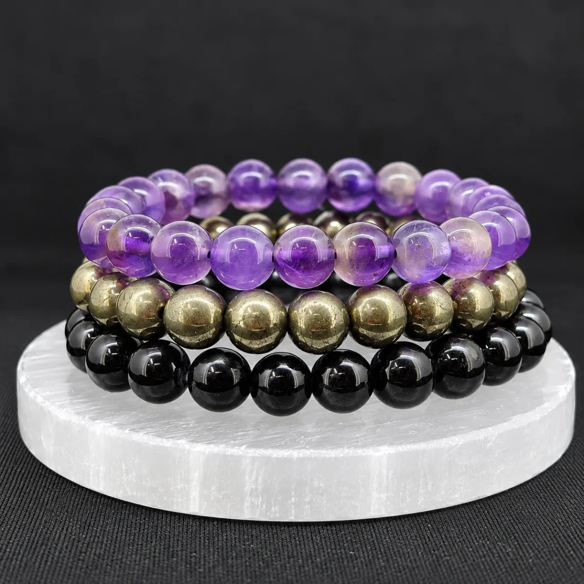 Natural Crystal Bracelet Combo Set of 3 – Amethyst, Pyrite & Black Tourmaline with Free Selenite Plate - Image 8