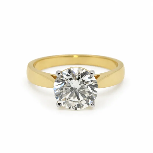 2 Carat Round Cut Lab Grown Diamond Solitaire Engagement Ring in 18K Yellow Gold featuring a brilliant round-cut diamond in a timeless solitaire setting.