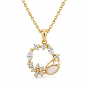 Elegant floral circle diamond pendant in gold for women with round and marquise-shaped stones and pink stone accent