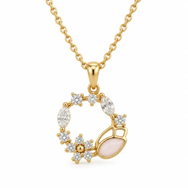 Elegant floral circle diamond pendant in gold for women with round and marquise-shaped stones and pink stone accent
