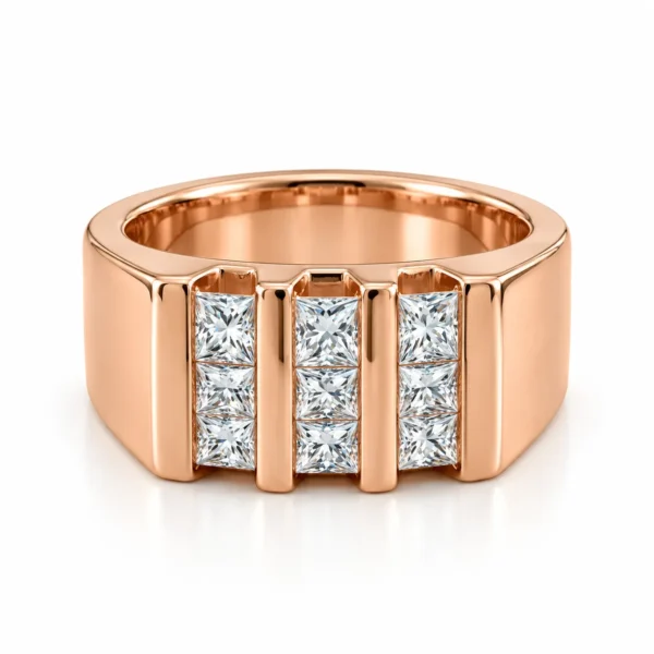 Triple Column Princess Ring in rose gold with three columns of princess cut diamonds front view