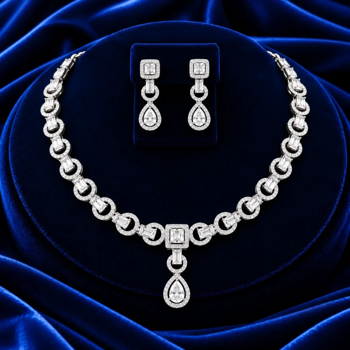 18K Gold Baguette Cut Lab Grown Diamond Halo Necklace Set with Matching Earrings - Image 2