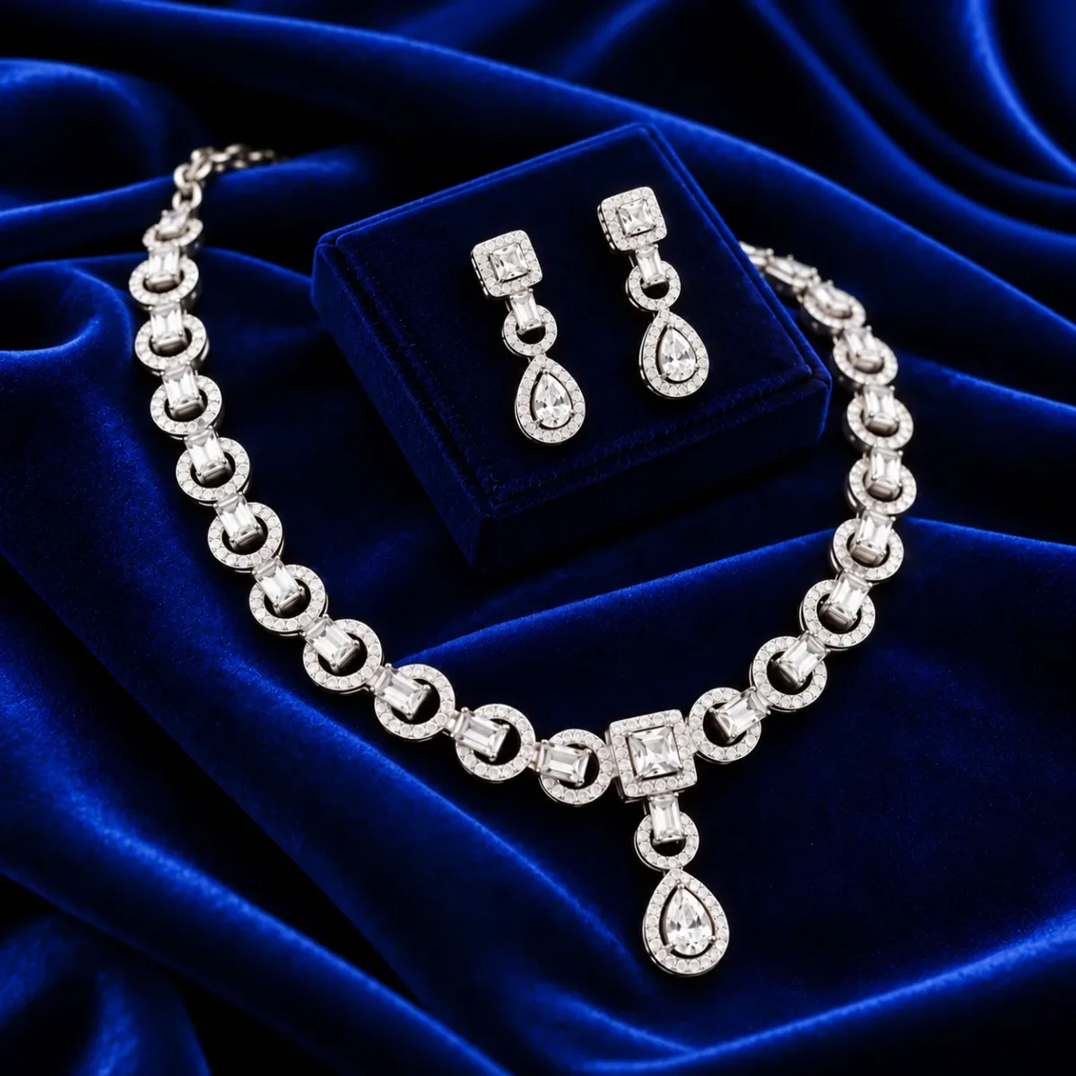 18K Gold Baguette Cut Lab Grown Diamond Halo Necklace Set with Matching Earrings - Image 3