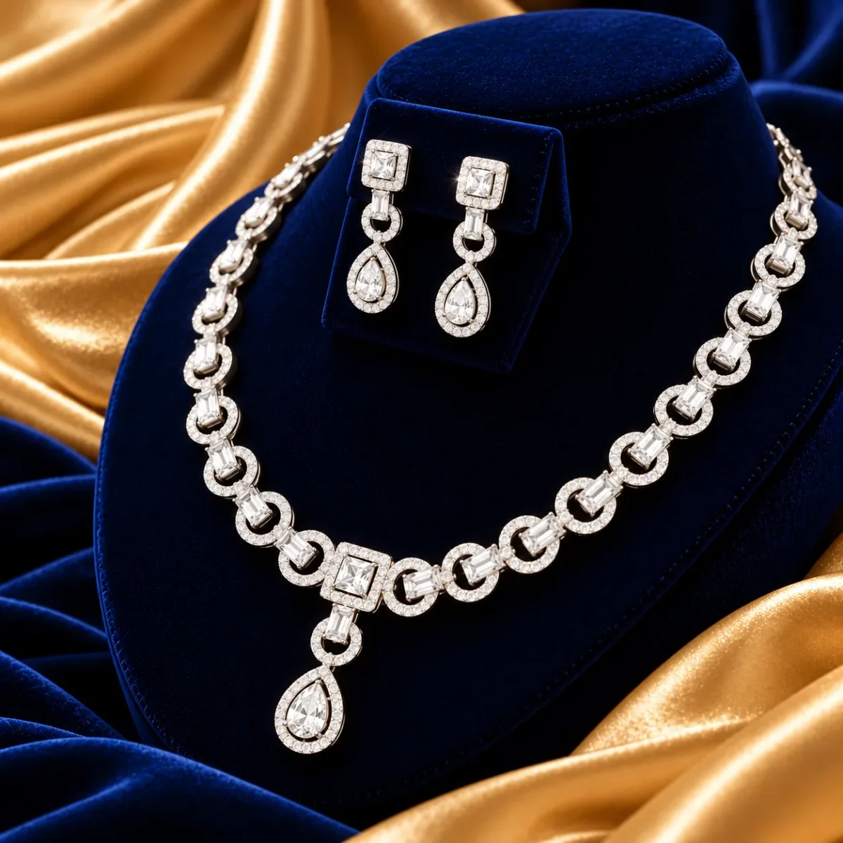 18K Gold Baguette Cut Lab Grown Diamond Halo Necklace Set with Matching Earrings - Image 4