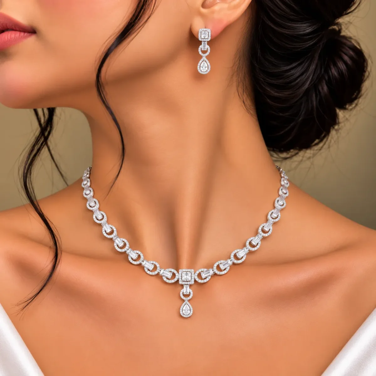 18K Gold Baguette Cut Lab Grown Diamond Halo Necklace Set with Matching Earrings - Image 5