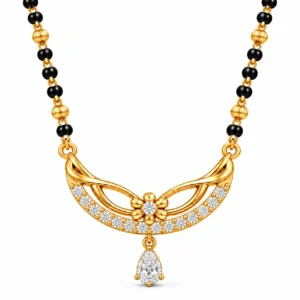 18K gold blossom pear drop lab grown diamond mangalsutra for women with floral gold pendant, round diamonds and black beads