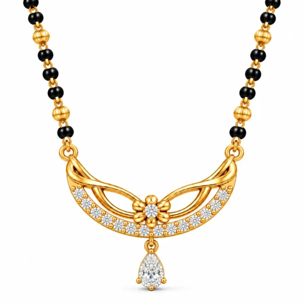 18K gold blossom pear drop lab grown diamond mangalsutra for women with floral gold pendant, round diamonds and black beads