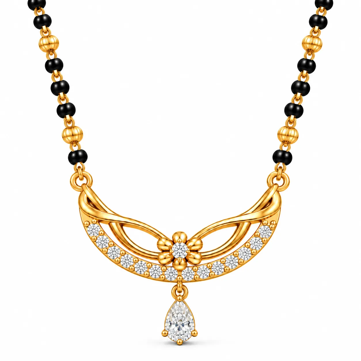 18K Gold Blossom Pear Drop Lab Grown Diamond Mangalsutra (2) 18K gold blossom pear drop lab grown diamond mangalsutra for women with floral gold pendant, round diamonds and black beads