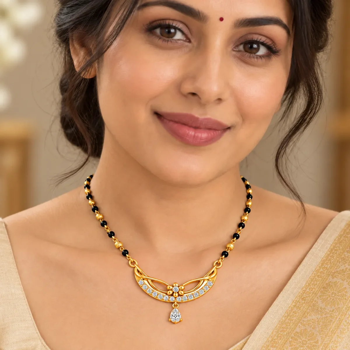 18K Gold Blossom Pear Drop Lab Grown Diamond Mangalsutra for Women - Image 4