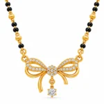 18K gold bow charm lab grown diamond mangalsutra for women with hanging round diamond and black beads