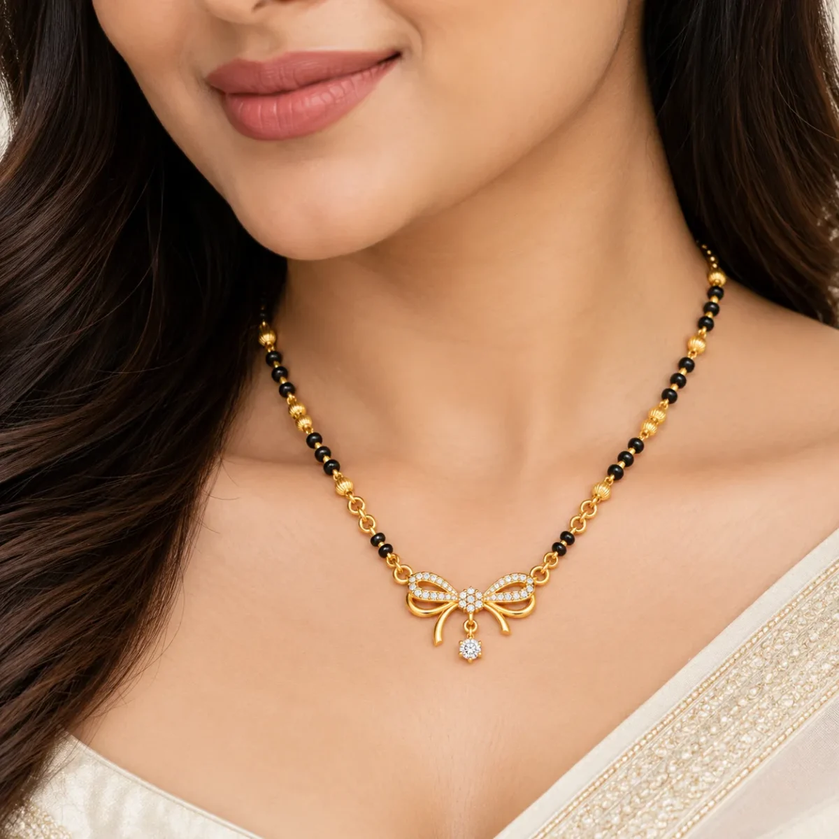 18K Gold Bow Charm Lab Grown Diamond Mangalsutra for Women - Image 4