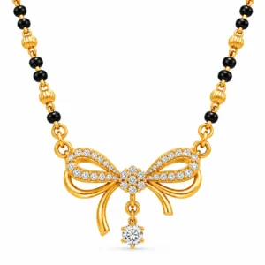 18K gold bow charm lab grown diamond mangalsutra for women with hanging round diamond and black beads