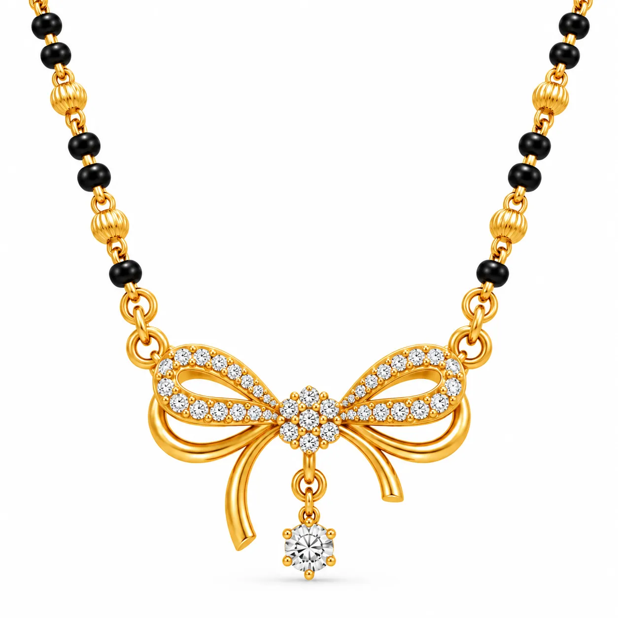 18K Gold Bow Charm Lab Grown Diamond Mangalsutra 18K gold bow charm lab grown diamond mangalsutra for women with hanging round diamond and black beads
