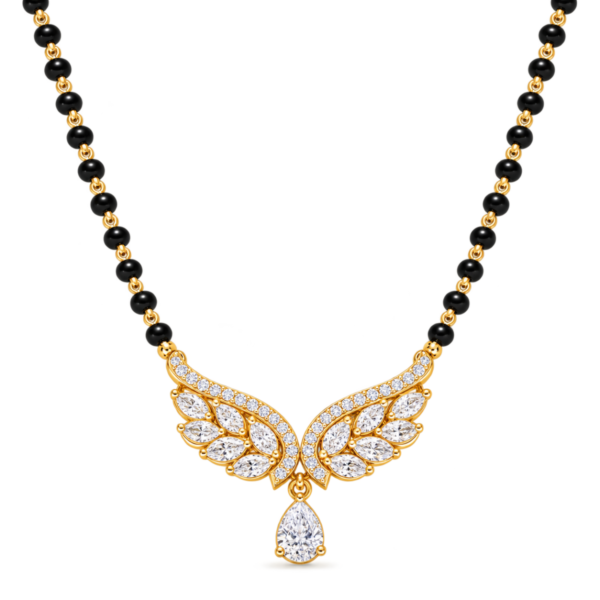 18K Gold Butterfly Wings Lab Grown Diamond Mangalsutra with 1.40 Carat E-F Colour VS1 Clarity Diamonds and Traditional Black Beads