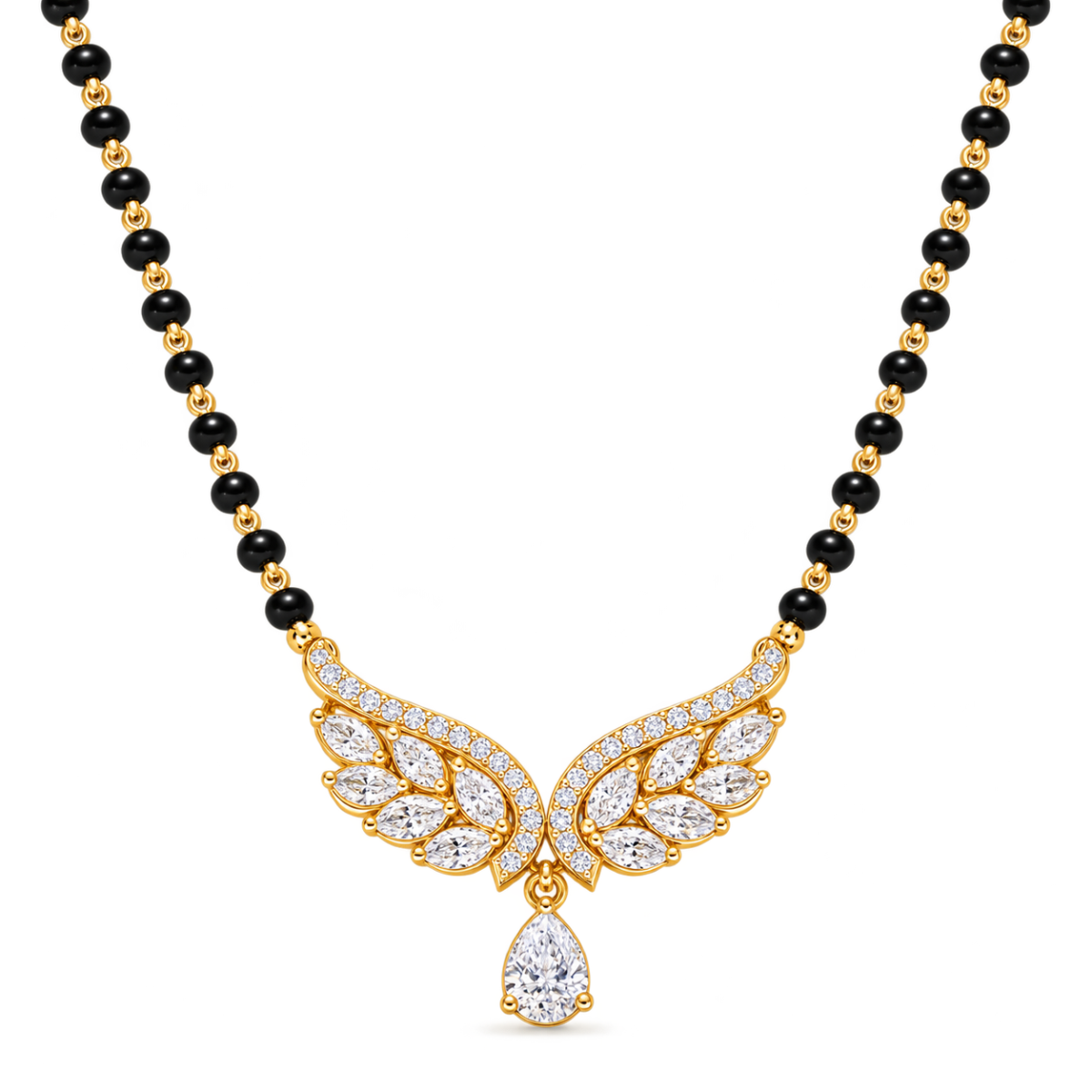 18K Gold Butterfly Wings Lab Grown Diamond Mangalsutra 18K Gold Butterfly Wings Lab Grown Diamond Mangalsutra with 1.40 Carat E-F Colour VS1 Clarity Diamonds and Traditional Black Beads