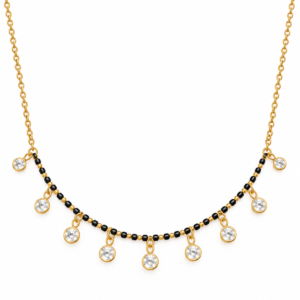 18K Gold Classic Round Lab Grown Diamond Mangalsutra for Women featuring sparkling round cut diamonds, an elegant gold centrepiece and traditional black mangalsutra beads.