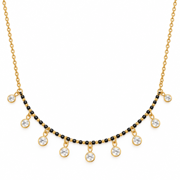 18K Gold Classic Round Lab Grown Diamond Mangalsutra for Women featuring sparkling round cut diamonds, an elegant gold centrepiece and traditional black mangalsutra beads.