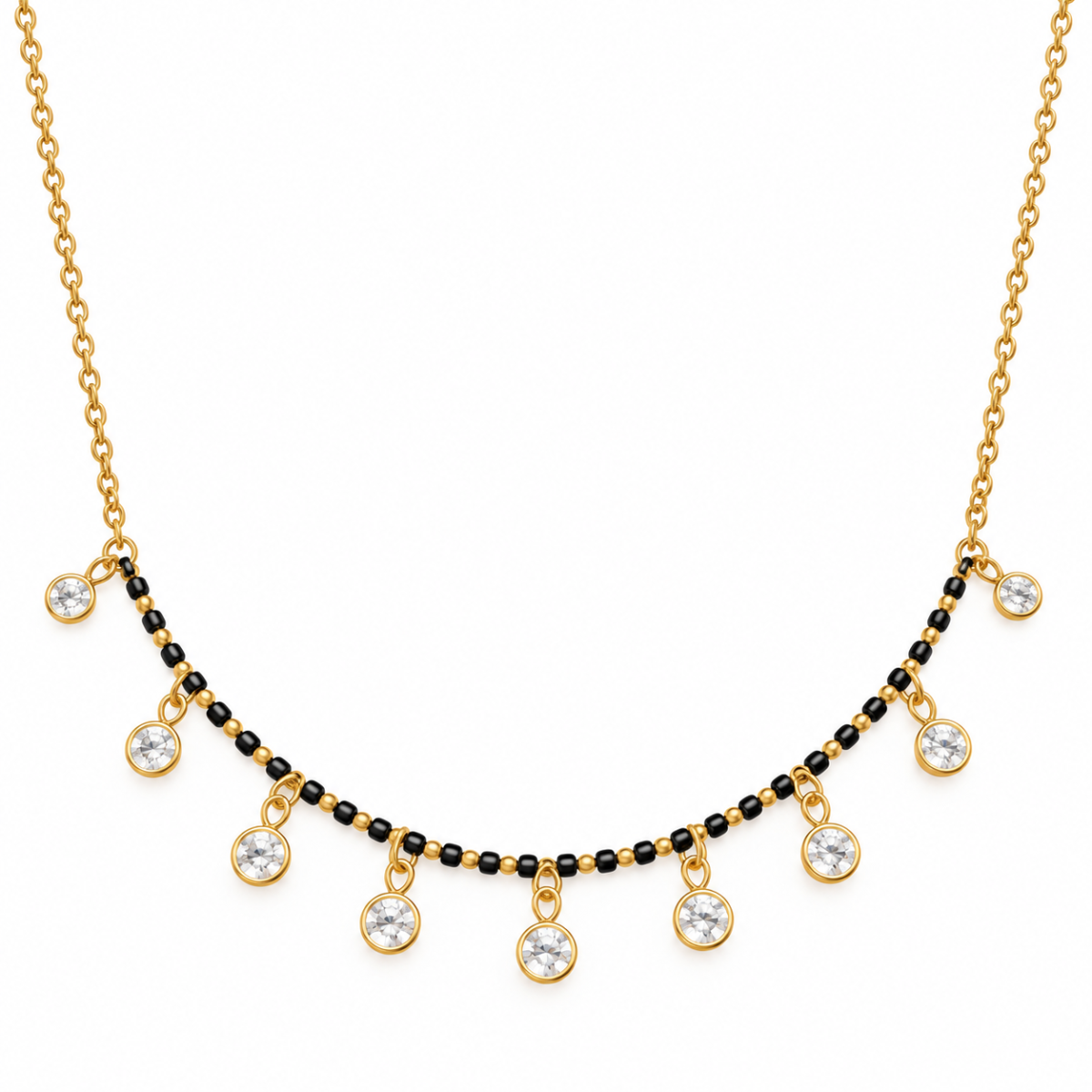 18K Gold Classic Round Lab Grown Diamond Mangalsutra for Women featuring sparkling round cut diamonds, an elegant gold centrepiece and traditional black mangalsutra beads.