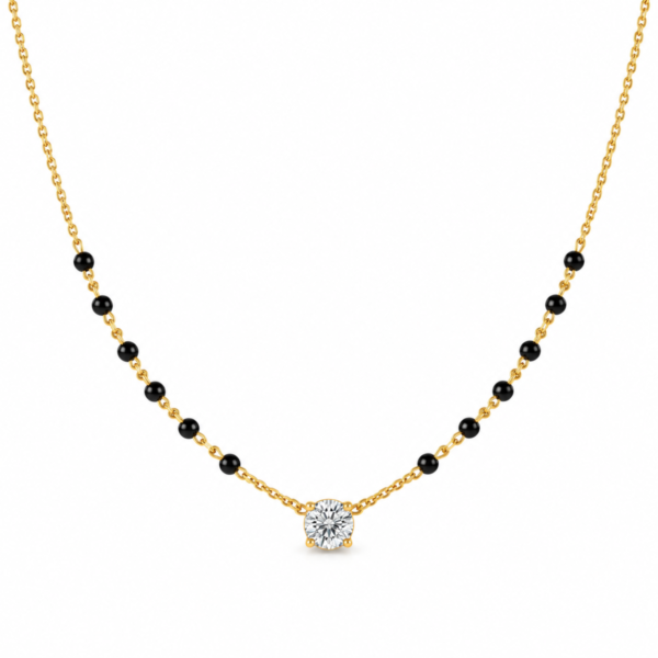 18K Gold Classic Solitaire Lab Grown Diamond Mangalsutra with 1 Carat E-F Colour VS1 Clarity Diamond and Traditional Black Beads