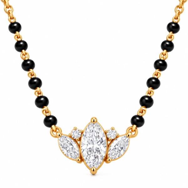 18K Gold Crown Bloom Lab Grown Diamond Mangalsutra with 0.25 Carat E-F Colour VS1 Clarity Diamonds and Traditional Black Beads