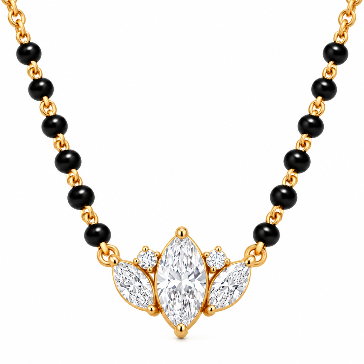 18K Gold Crown Bloom Lab Grown Diamond Mangalsutra 18K Gold Crown Bloom Lab Grown Diamond Mangalsutra with 0.25 Carat E-F Colour VS1 Clarity Diamonds and Traditional Black Beads