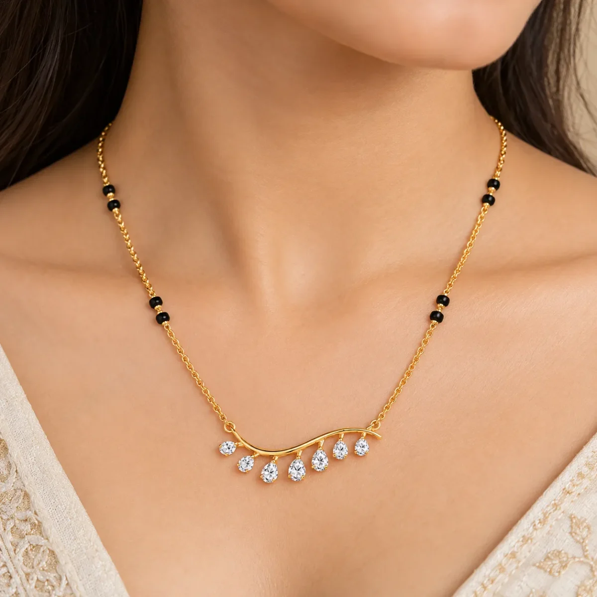 18K Gold Curved Drop Lab Grown Diamond Mangalsutra - Image 4