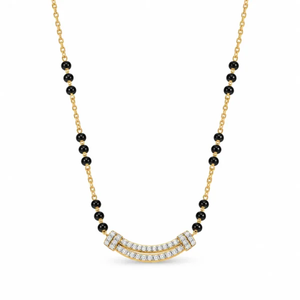 18K gold double curve lab grown diamond mangalsutra for women featuring two curved diamond rows and traditional black beads