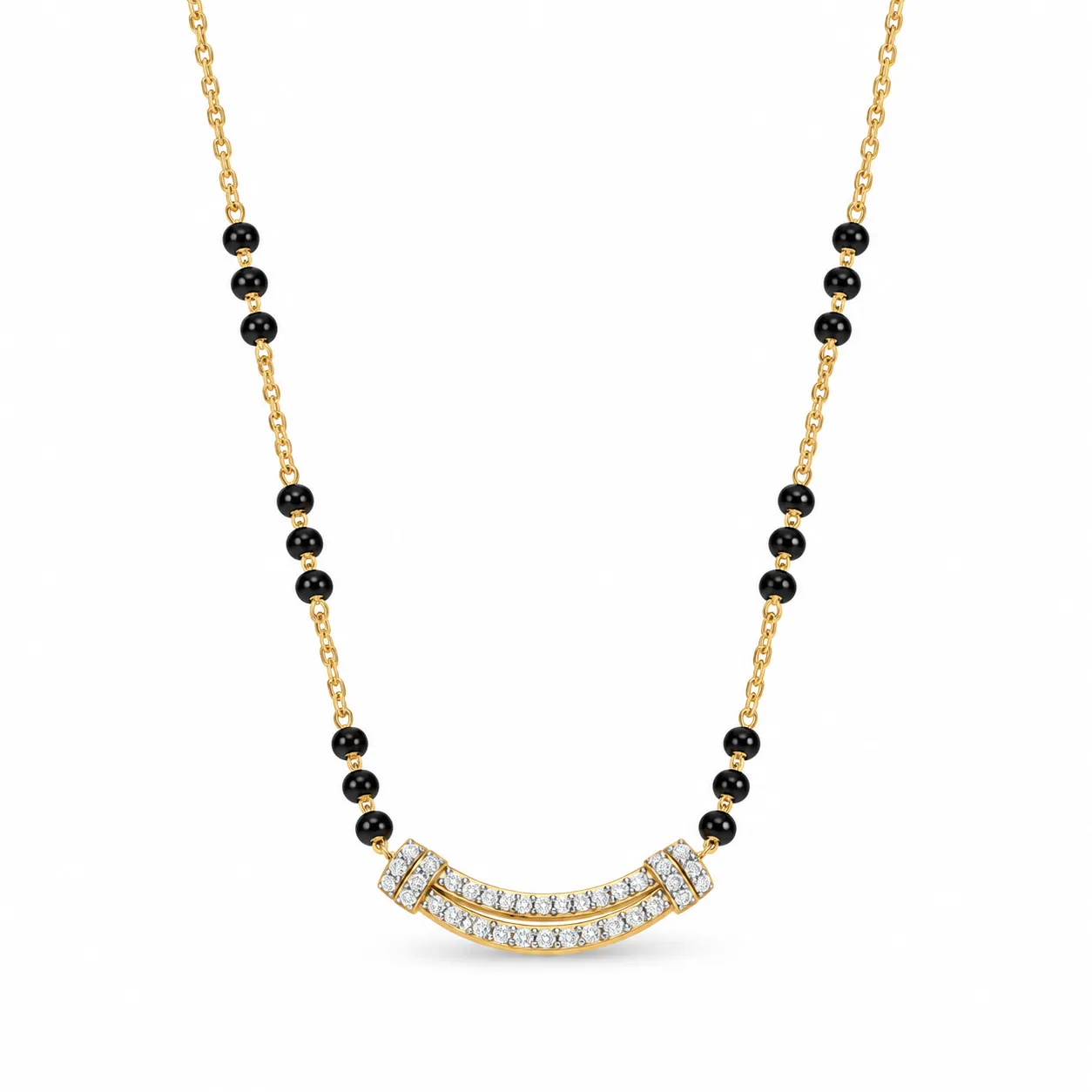 18K Gold Double Curve Lab Grown Diamond Mangalsutra (4) 18K gold double curve lab grown diamond mangalsutra for women featuring two curved diamond rows and traditional black beads