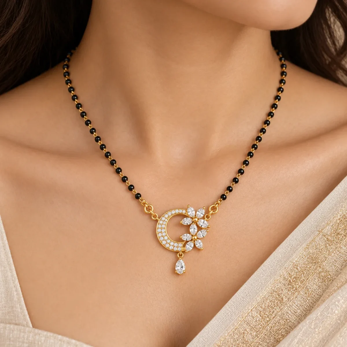 18K Gold Double Floral Lab-Grown Diamond Mangalsutra - Image 4