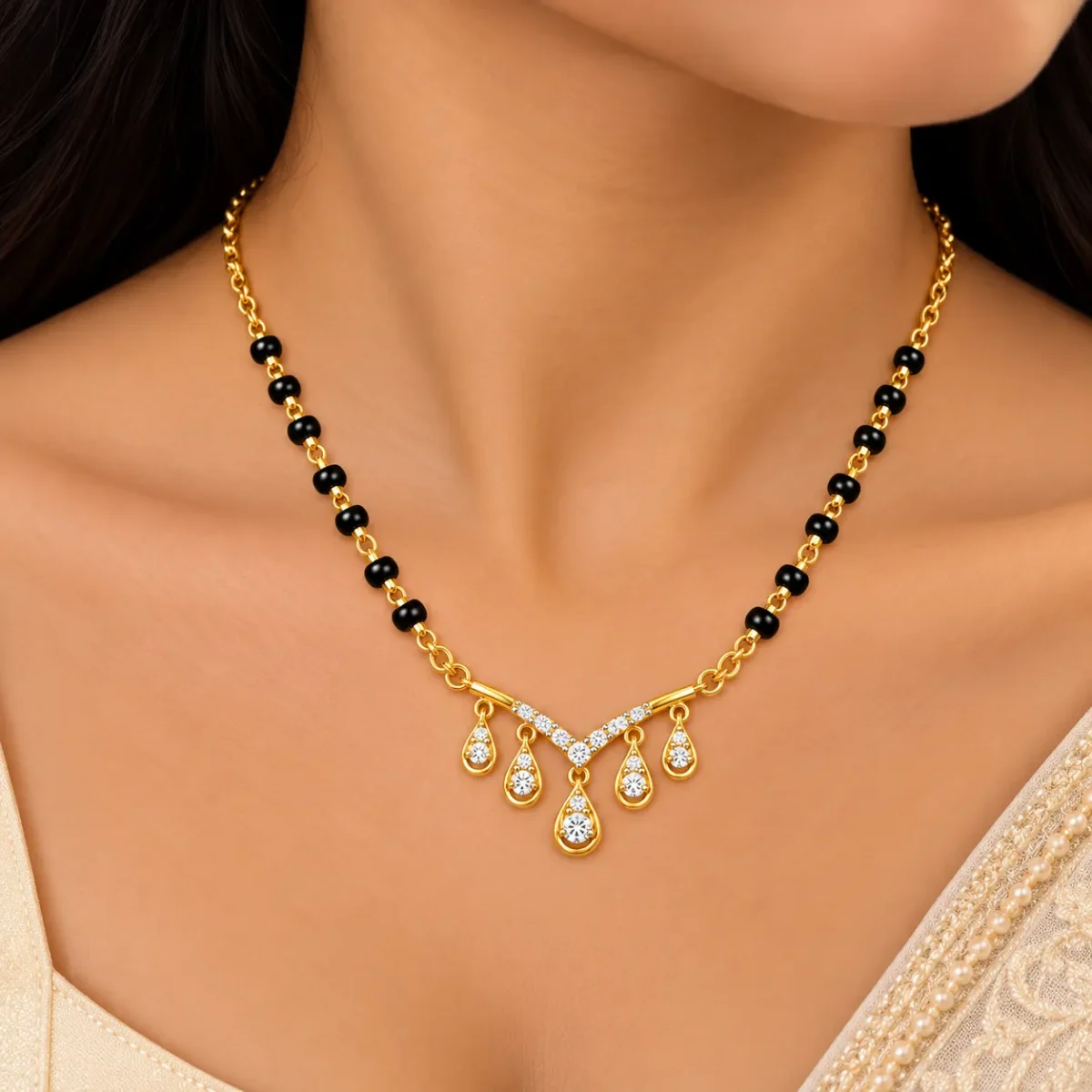 18K Gold Five Drop Lab Grown Diamond Mangalsutra for Women - Image 4