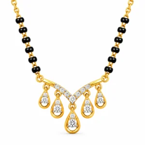 18K gold five drop lab grown diamond mangalsutra for women with V-shaped pendant and black beads