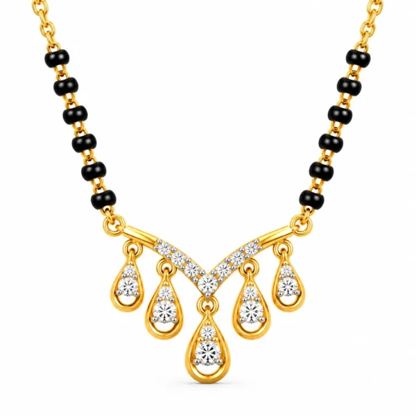 18K gold five drop lab grown diamond mangalsutra for women with V-shaped pendant and black beads