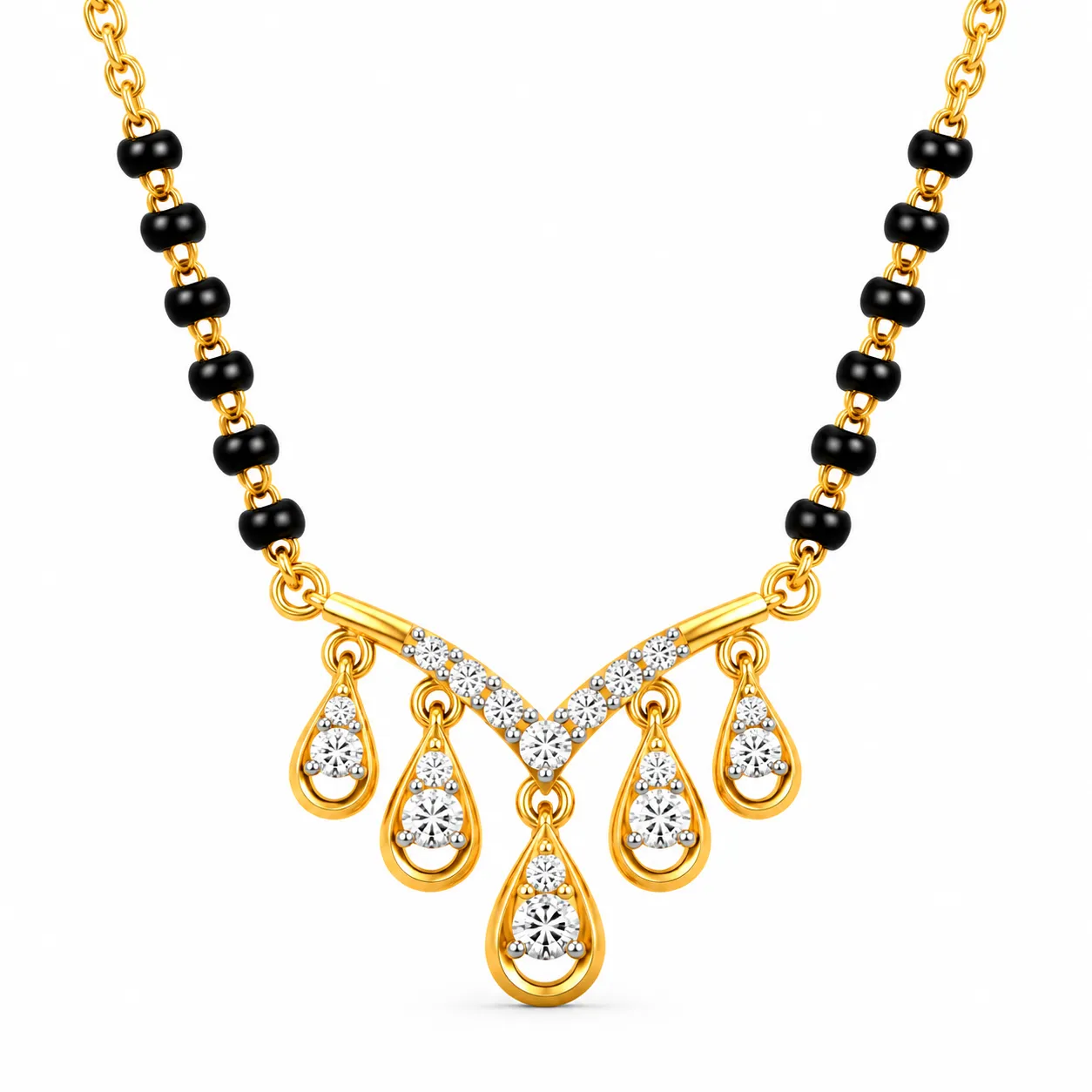 18K Gold Five Drop Lab Grown Diamond Mangalsutra 18K gold five drop lab grown diamond mangalsutra for women with V-shaped pendant and black beads