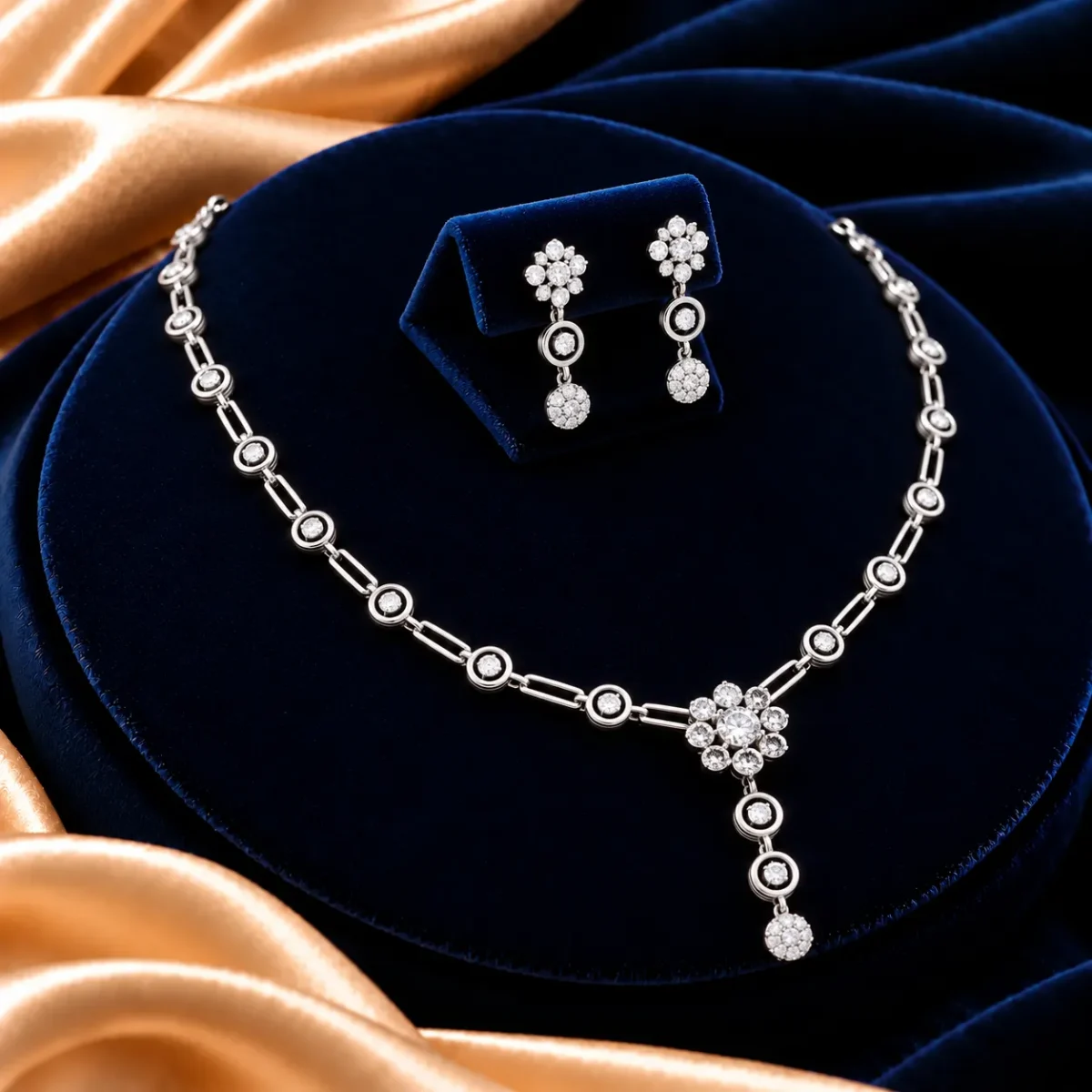 18K Gold Floral Cluster Lab Grown Diamond Link Necklace Set with Matching Earrings - Image 4