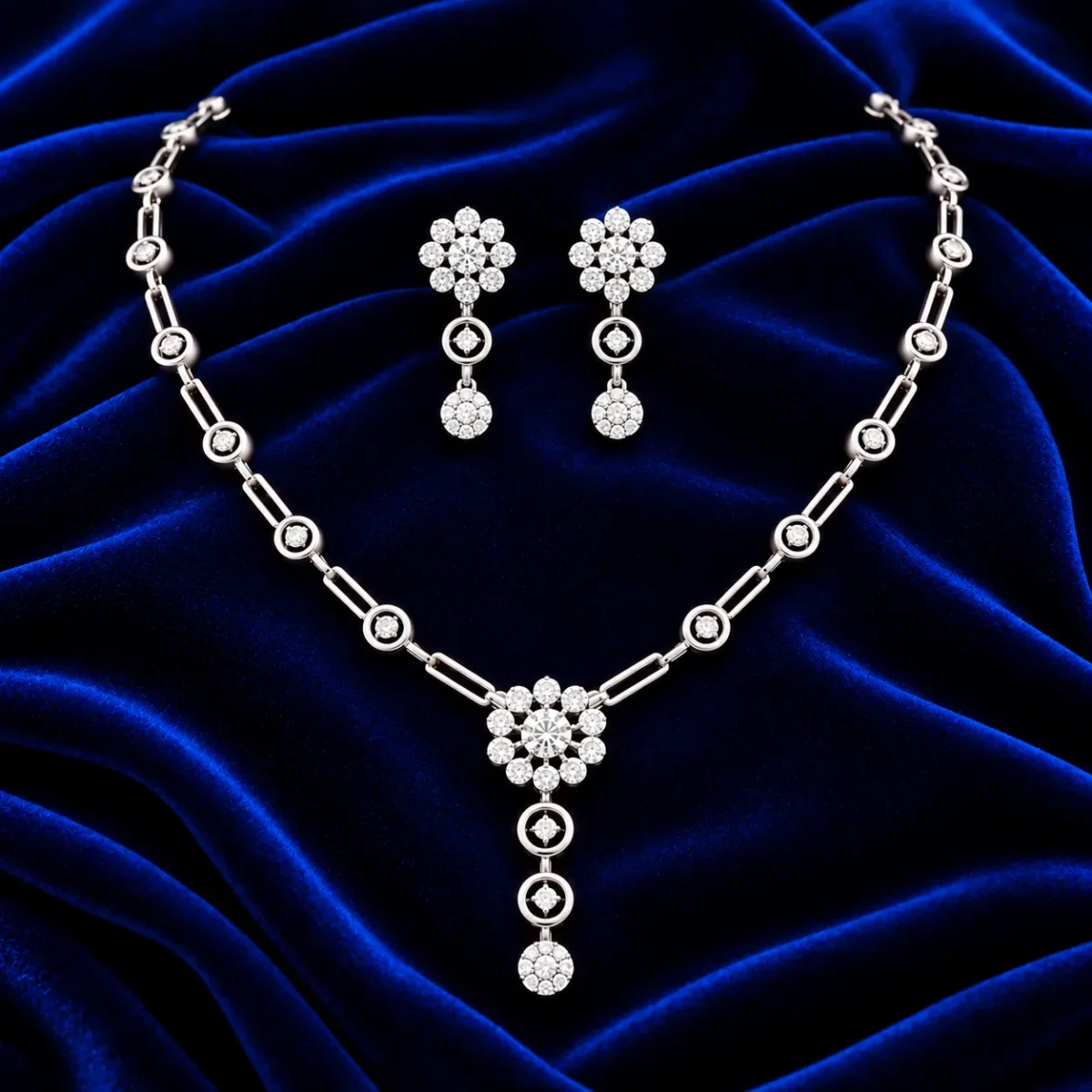 18K Gold Floral Cluster Lab Grown Diamond Link Necklace Set with Matching Earrings - Image 2