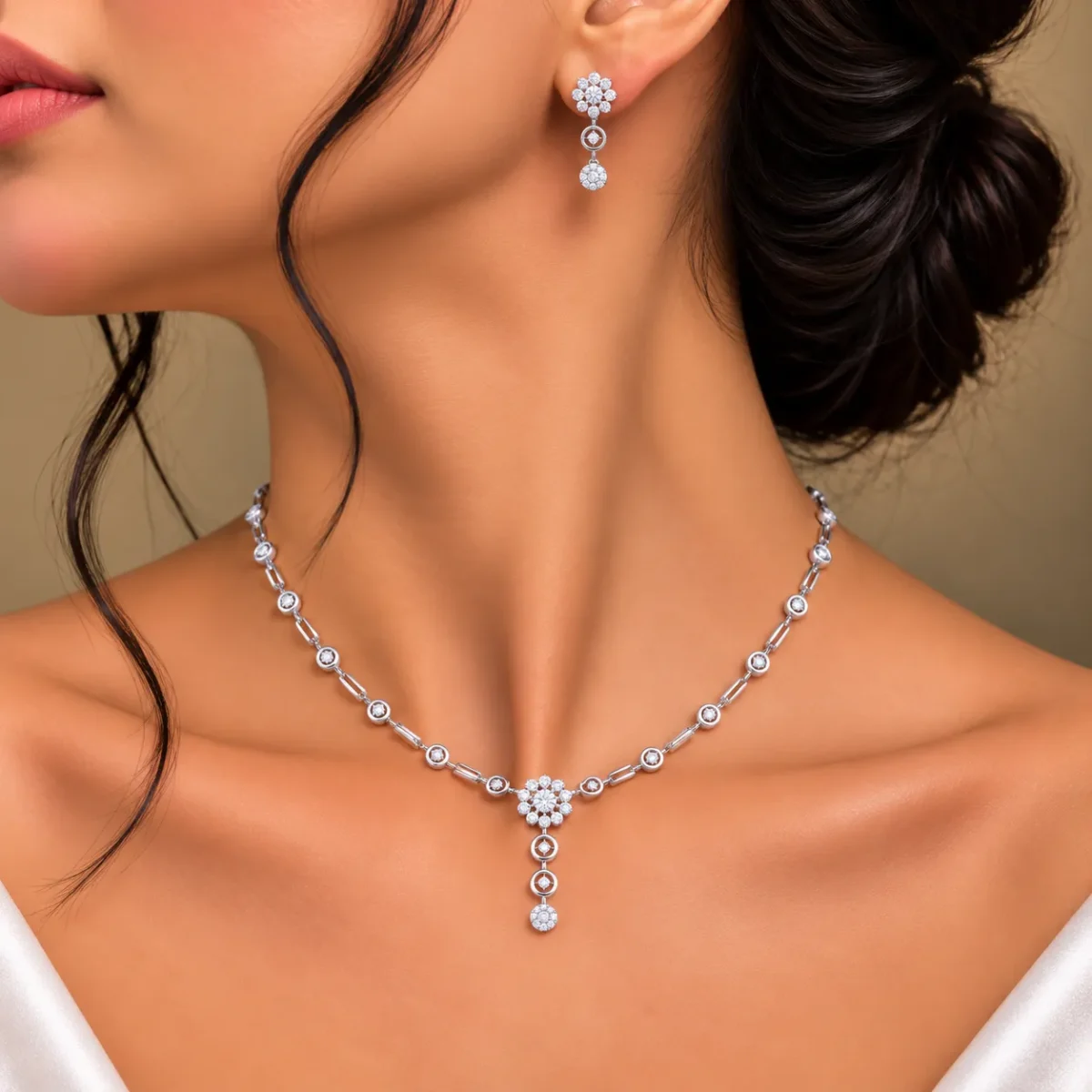 18K Gold Floral Cluster Lab Grown Diamond Link Necklace Set with Matching Earrings - Image 5