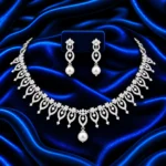 18K Gold Floral Leaf Lab Grown Diamond Pearl Necklace Set for Women - Image 2