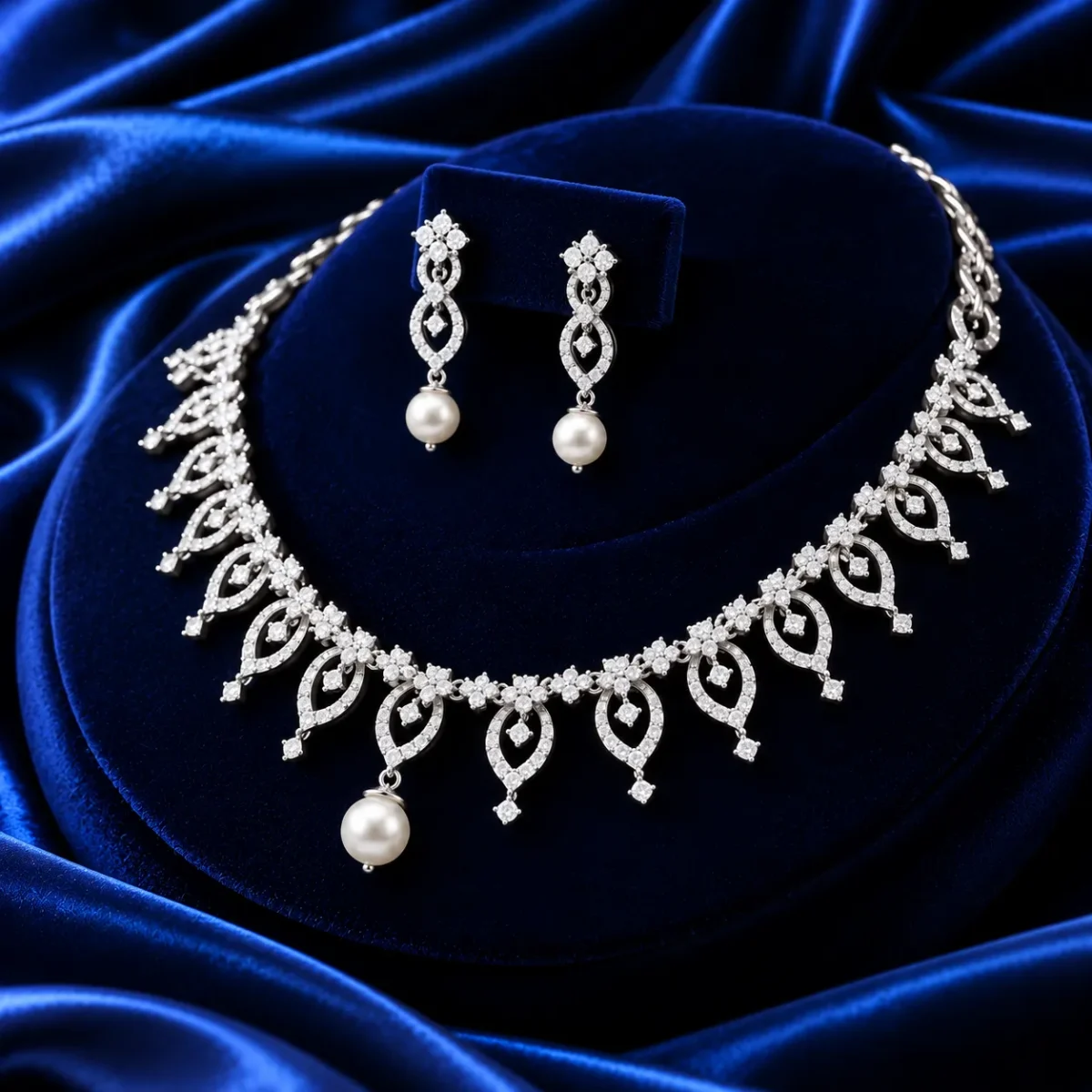 18K Gold Floral Leaf Lab Grown Diamond Pearl Necklace Set for Women - Image 3