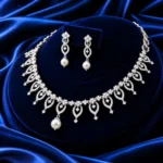 18K Gold Floral Leaf Lab Grown Diamond Pearl Necklace Set for Women - Image 3
