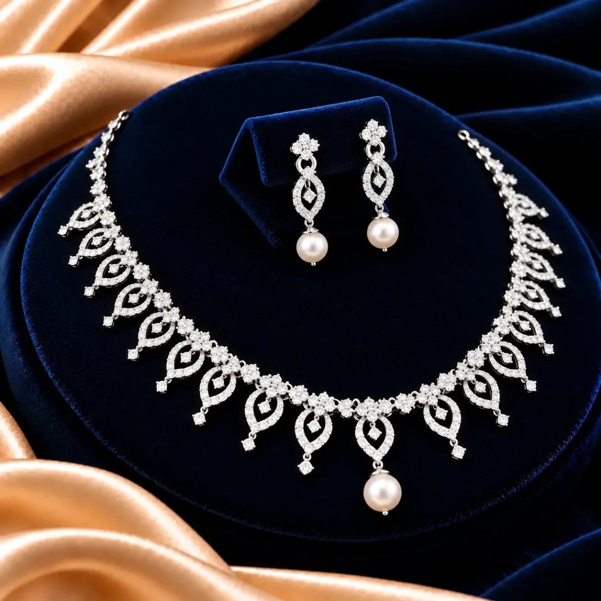 18K Gold Floral Leaf Lab Grown Diamond Pearl Necklace Set for Women - Image 4