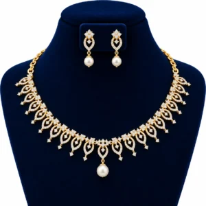 18K gold floral leaf lab grown diamond necklace set with central white pearl drop and matching pearl earrings displayed on navy blue jewellery bust