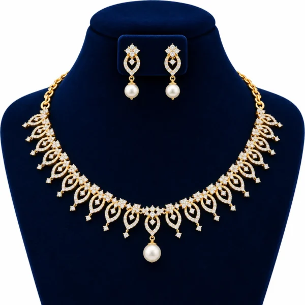 18K gold floral leaf lab grown diamond necklace set with central white pearl drop and matching pearl earrings displayed on navy blue jewellery bust