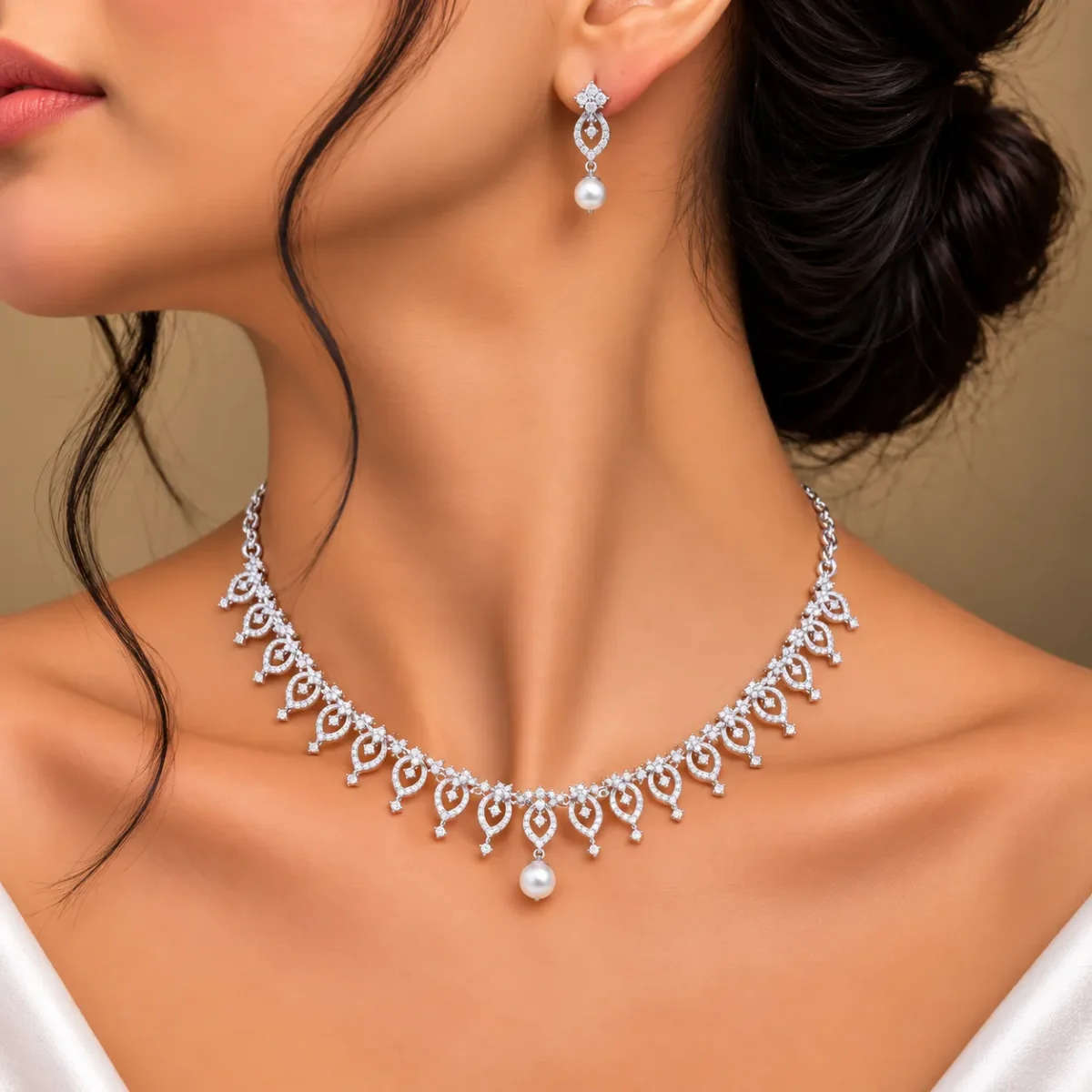 18K Gold Floral Leaf Lab Grown Diamond Pearl Necklace Set for Women - Image 5