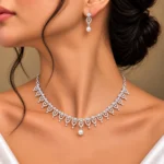 18K Gold Floral Leaf Lab Grown Diamond Pearl Necklace Set for Women - Image 5
